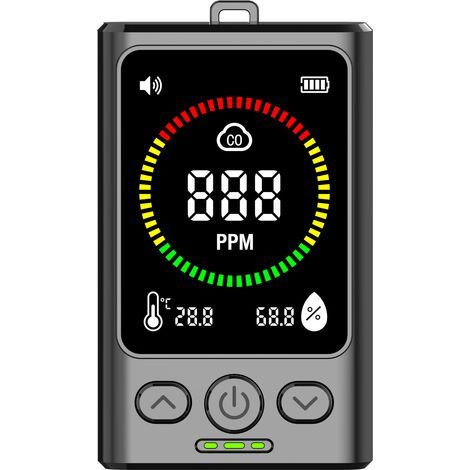 Portable carbon monoxide detector, temperature and humidity sensor, alarm, suitable for travel and home use. (1/5)