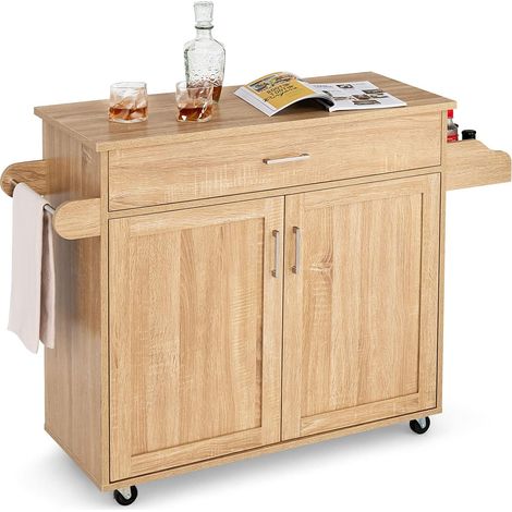 COSTWAY Carrito de Cocina Carro de Servicio Comedor con Ruedas,Toallero,Cajón, Puerta y Estantes Gabinete Mueble de Cocina (natural) (1/5)