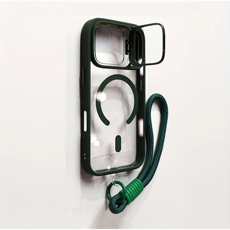 Étui de téléphone magnétique transparent avec support pour objectif et bracelet MagSafe (iPhone 15 Pro vert) (1/2)