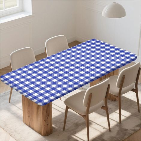 Housse de table rectangulaire 120x80 cm avec élastique, imperméable, lavable, carreaux bleus