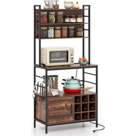 COSTWAY Étagère de Cuisine avec Prises de Courant, Armoire de Bar à Café avec Crochets, Porte-Bouteilles de Vin, Cadre en Métal Robuste, Support pour Micro-Ondes, pour Cuisine (Brun Rustique)
