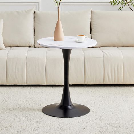 Runder 60cm Beistelltisch / kleiner Esstisch aus MDF: Tischplatte mit hochwertiger Thermoform-Technologie, weiße Maserungsoptik, schwarzer Stützfuß – perfekt für europäische Wohnräume. (1/5)