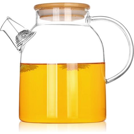 1500ML Théière en Verre Transparente avec Couvercle en Bambou et Acier Inoxydable Bobine de Filtre Cruche Verre Idéal pour Contenants de Thé aux Fruits et Théière en Fleurs (1/5)