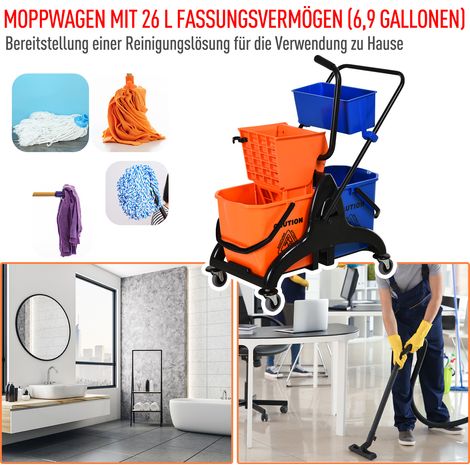 Seau de nettoyage, seau à serpillière, sur roulettes, 26 litres, plastique, métal, orange