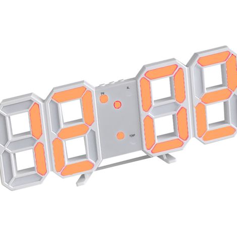 Horloge murale LED 3D minimaliste, réveil mural pour la maison, le salon ou le bureau, police blanche, lettres orange (1/5)