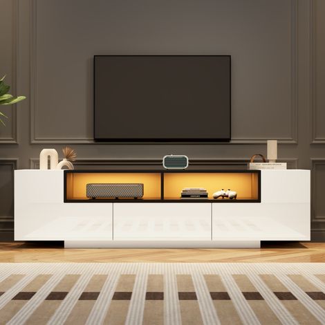 Mueble para TV (180x40x48 cm), con iluminación LED controlada por app, 2 armarios en L, cajón, aglomerado, blanco (1/5)