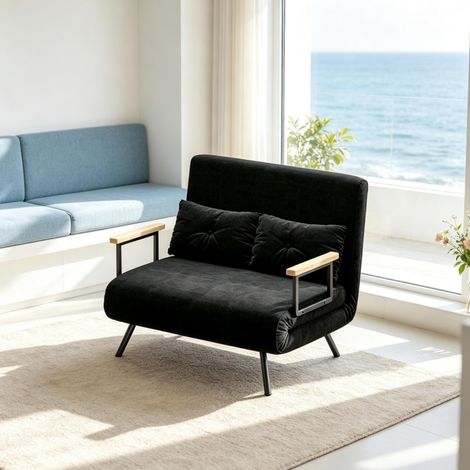 Divano letto 2 posti 102x73x81 cm in acciaio e velluto nero, schienale 5 posizioni - MEUBLIV (1/5)