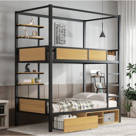 Etagenbett Metall und MDF Schwarz+Natur 90x200 cm mit Ablageflächen, Stauraum und Schubladen (1/5)