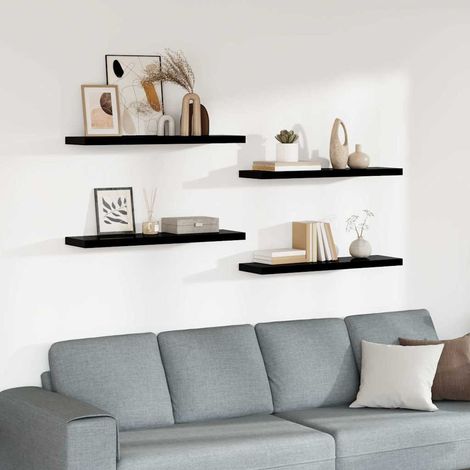 Lot de 4 Étagère murale flottante Étagère de Rangement - Meuble de rangement Noir brillant 90x23,5x3,8 cm MDF BV808697 - BonneVie (1/5)