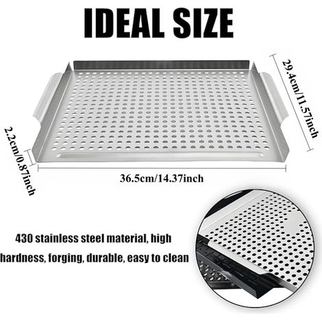 Un plateau de barbecue rectangulaire en acier inoxydable avec rainures en relief, idéal pour griller les légumes et les viandes. (1/5)