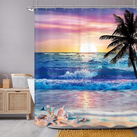 Rideau De Douche - Motif Coucher De Soleil Tropical Palmier - 152 X 183 Cm - Imperméable - Polyester - 12 Anneaux Plastique - 1 Pièce (1/4)