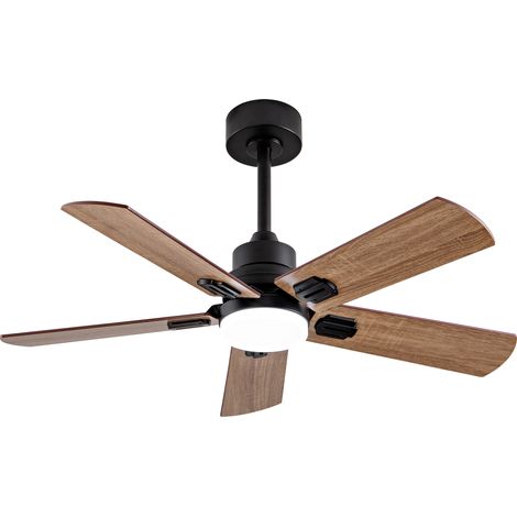 Ventilateur de plafond 42 pouces avec lumière LED dimmable, 6 vitesses, télécommande, fonction réversible et minuterie 1/4/8 h, noir et bois – CHICFURN (1/5)