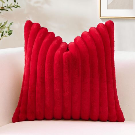 Lot de 2 Housses de Coussin en Peluche Douce 35x35cm, Housse Decorative a Rayures Moelleuses pour Canape et Chambre, Rouge (Sans Rembourrage) (1/5)