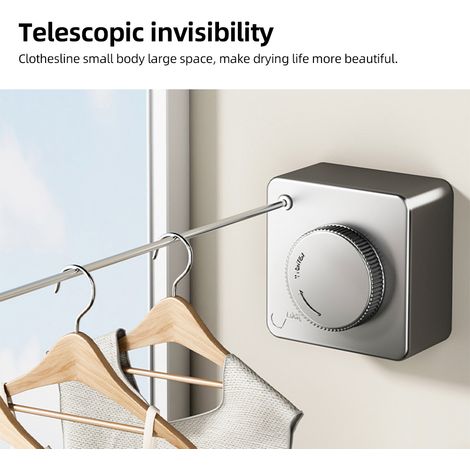 Fil à linge rétractable escamotable acier robuste mural intérieur extérieur 13.78 pieds sans perçage portable voyage séchoir corde blanchisserie avec loquet sécurisé (1/3)