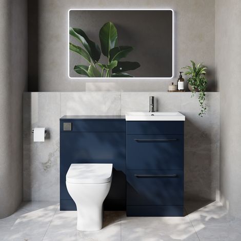 Napoli 390 Cento Deep Blue 1100mm 2 Drawer Vanity Unit Toilet Suite with Glide Basin - 1100mm - Gunmetal Grey 320mm HandleWith Kingston Toilet Pan and Seat