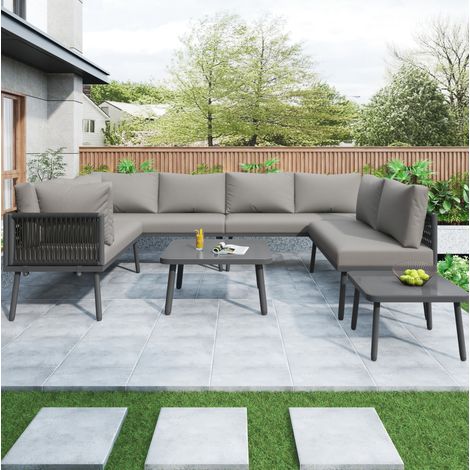 Sofá jardín para 8 con 2 mesas y cojines gris OKMYHOME (1/5)