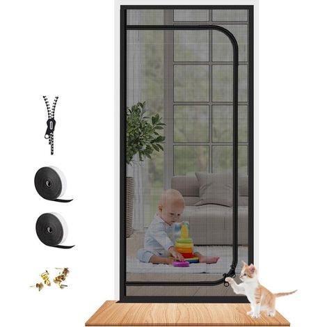 Moustiquaire pour chat - 80 x 200 cm - Noir - Moustiquaire anti-griffures avec fermeture éclair et maille renforcée (1/5)