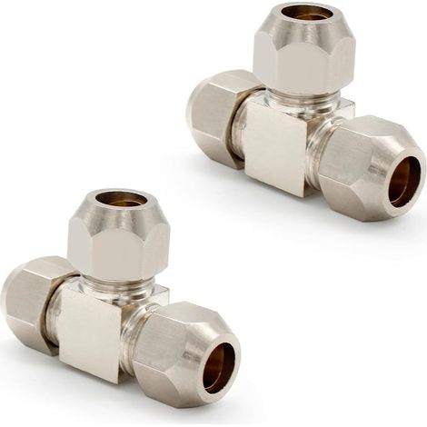 2 raccordi a T uguali da 8 mm con ghiere di compressione in rame nichelato per condizionamento dell'aria