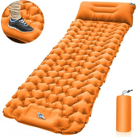 Tapis de camping léger avec oreiller pneumatique Matelas pneumatique portable Matelas de couchage imperméable pour sac à dos,Orange,