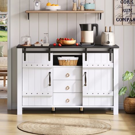 Sideboard für Wohnzimmer und Küche – 120 x 40 x 80 cm – 2 Schiebetüren, 3 Schubladen, rustikaler, schicker und moderner Stil – weißes MDF-Holz (1/5)