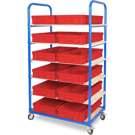 BRB Etagenwagen mit 6 Ebenen, BxTxH 1050x500x1690 mm, bestückt mit 12 Euroboxen BxTxH 600x400x120 mm (rot) (1/3)