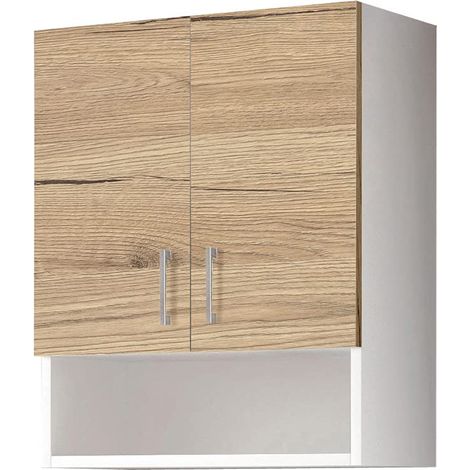 MaMa Store ATENALAV Pensile Doppio Bianco Opaco e Quercia Naturale con Vano a Giorno L. 60 cm x P. 22 cm x H. 71 (1/3)