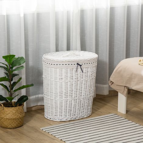 Cesto de ropa sucia de mimbre con tapa, bolsa interior de tela lavable, capacidad para 15 kg de ropa sucia, blanco. (1/5)