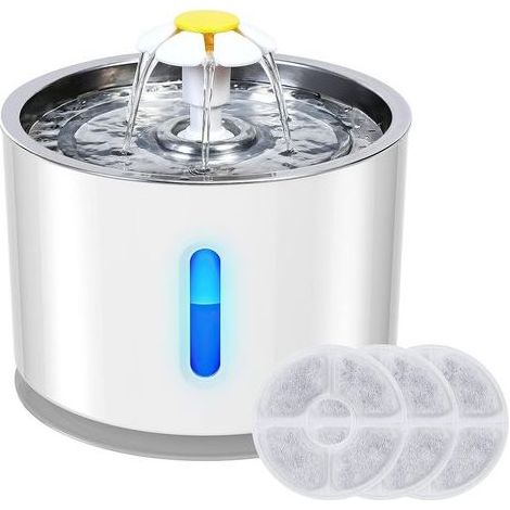 2,4-Liter-Trinkbrunnen für Katzen und kleine Hunde, geräuschloser Wasserspender mit 3 Aktivkohlefiltern, Edelstahlschale und LED-Nachtlicht (1/5)