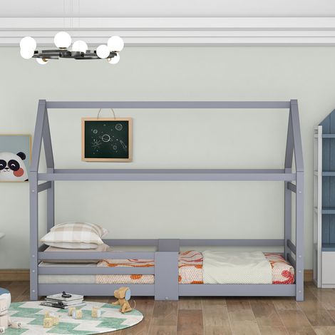 Letto per bambini, letto a soppalco, 90 x 200 cm, letto in legno per la cameretta dei bambini, con tavola, rete a doghe, protezione anticaduta, in legno di pino, grigio-B