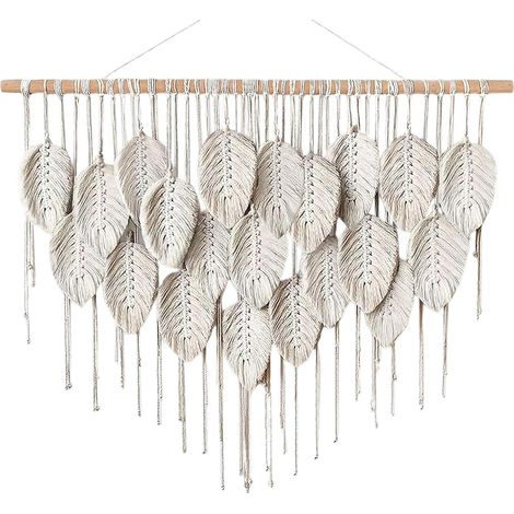 Tapiz decorativo de pared hecho de cuerda de algodón con un colorido estampado de hojas de estilo nórdico para sala de estar/dormitorio, blanco puro [Tapiz decorativo de pared] [Estampado de hojas col (1/4)