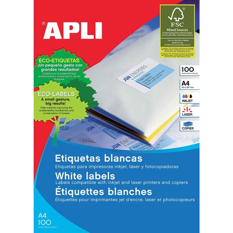 Etiqueta Adhesiva Apli 1264 Tamaño 210x148 mm - Fotocopiadora Láser Ink-Jet - Caja con 100 Hojas A4 (1/3)