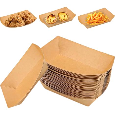 100 Pièces Vaisselle Jetable Forme de Bateau Barquette: Bols à Frites en Carton avec Revêtement, Barquette Frite Étanche et à l'huile pour Frites, Collations, Currywurst, Salade, Macarons (1/5)