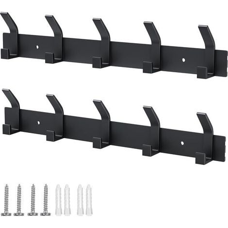 Lot de 2 crochets muraux avec 5 crochets - Aluminium- Chambre à coucher, salle de bain, cuisine, vestiaire - Noir