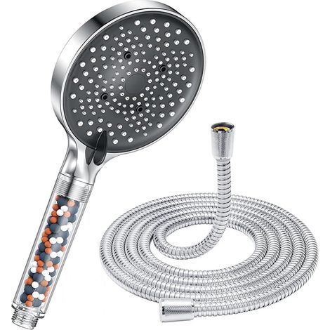 BEBUSINGOTO Pommeau de douche à économie d'eau en acier inoxydable avec tuyau de 1,5 m, 6 types de jet d'eau, argent chromé (1/5)