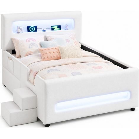 Lit plateforme 90x200 cm avec tiroir, LED d’ambiance, revêtement PU blanc et structure MDF, rangement intégré et montage facile - CHICFURN (1/5)