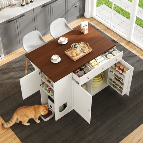 MEUBLIV Îlot de cuisine 120x70x90 cm blanc et noyer – plateau coulissant, sans matelas (1/5)