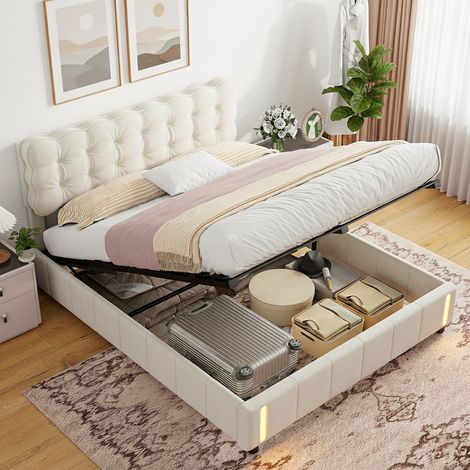 Lit 140x190 avec rangement, lit coffre 140x190 avec sommier, lit adulte velours, tête de lit nuage, veilleuse capteur, style scandinave - Beige