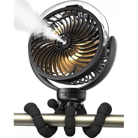 Portable stroller fan with rechargeable water atomizer, 270° rotation, flexible tripod clip and cooling function for travel, beach, outdoor activities, car seat and carpet. (1/5)