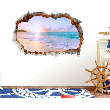 3D Stickers muraux ÎLE DE VACANCES (60x40 cm) I autocollant sticker mural paysage plage mer océan palmier I Déco pour salon chambre cuisine couloir porte entrée adulte