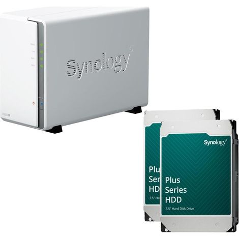Carcasa de servidor NAS de 2 bahías Synology DiskStation DS223J + 2 discos duros Synology Plus SATA de 3,5" y 6 Gb/s de 12