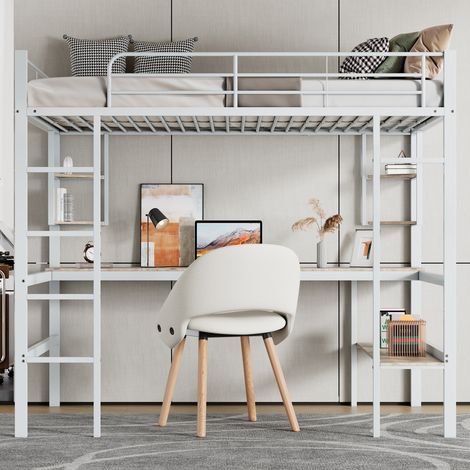 Lit superposé 90x200 cm – Cadre en métal avec bureau, étagères et grand meuble de rangement – Blanc (1/5)
