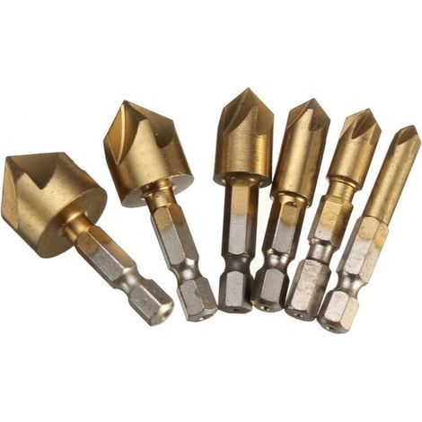 Lot de 6 fraises à chanfreiner HSS 90 degrés 5 cannelures fraise à chanfreiner trou fraise revêtue de titane 1/4" perceuse à bois tige hexagonale 6mm 8mm 9mm 12mm 16mm 19mm