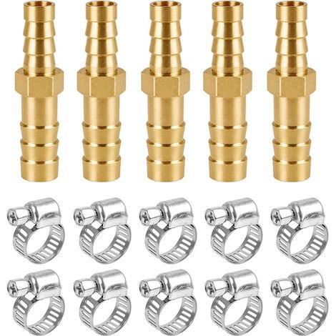 5 Pièces 6mm x 8mm Connecteur Tuyau en Laiton, Raccord Droit à 2 Voies Réduction avec 10 Pinces, 6mm 2 Voies Robuste et Durable, 8mm Laiton Connecteur Tuyau, pour Une Fixation Rapide et Fiable (1/5)
