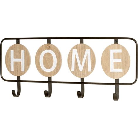 Patère Murale 4 Crochets "Home" 50cm Noir & Chêne (1/4)