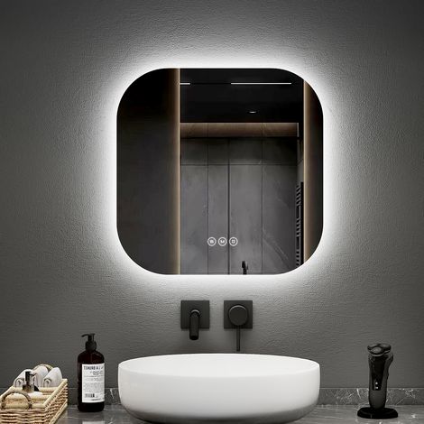 EMKE LED Badezimmerspiegel mit Anti Fog 50x50cm Quadratisch 3 Lichtfarben Dimmbar Touch Schalter Rahmenlos Ultradünnes
