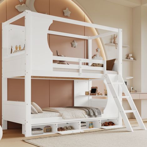 Lit superposé enfant 90x200 cm avec bureau, rangement et échelle blanc sans matelas, meuble chaussures (1/5)