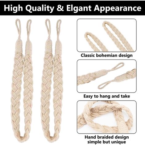 Cordons De Maintien Pour Rideaux - Corde En Coton Naturel Tissée À La Main - 64 cm - Style Bohème - Pour Rideaux Épais Ou Légers - Lot De 2 (1/5)