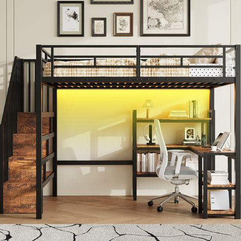 Cama dormitorio con escritorio estantes y LED negra OKMYHOME (1/5)