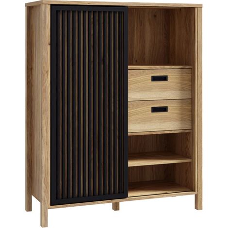Armoirette 103 cm décor chêne porte coulissante ajourée noire - SELENA (1/5)