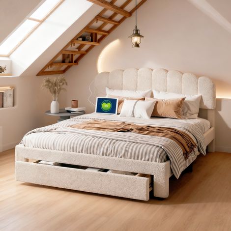 lit 160x200 avec sommier, Lit double avec tiroir, Lit Rembourré avec port USB, Cadre de Lit pour 2 Personne, Beige, imitation laine